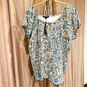 Suzie In The City Blue and Brown Ruched Blouse